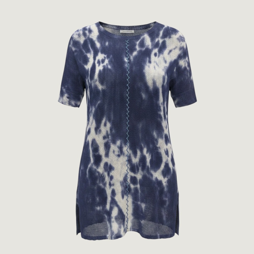 Sundance Blue Tie Dye Cotton Knit Tunic Top‎ Short Sleeve Whipstitch Detail L